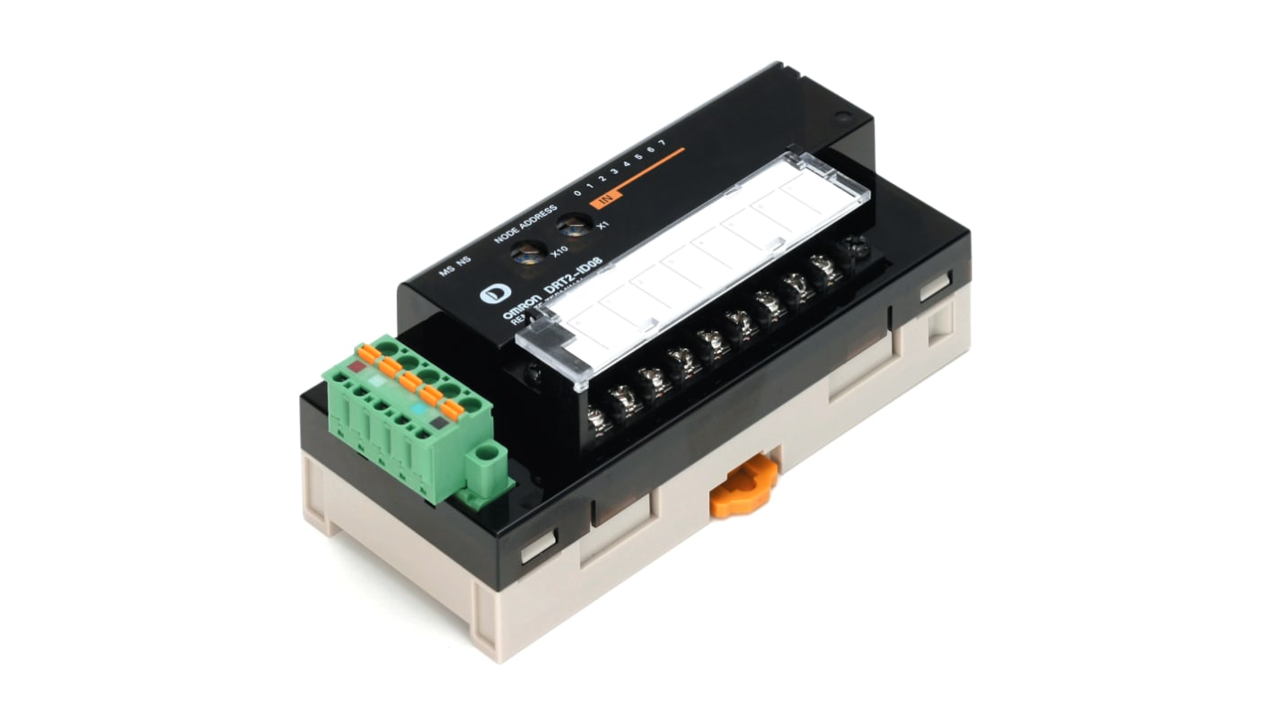 Unità di ingresso Omron DRT2-ID08-1 per DeviceNet, con ingressi digitali e monitoraggio tensione e comunicazione.