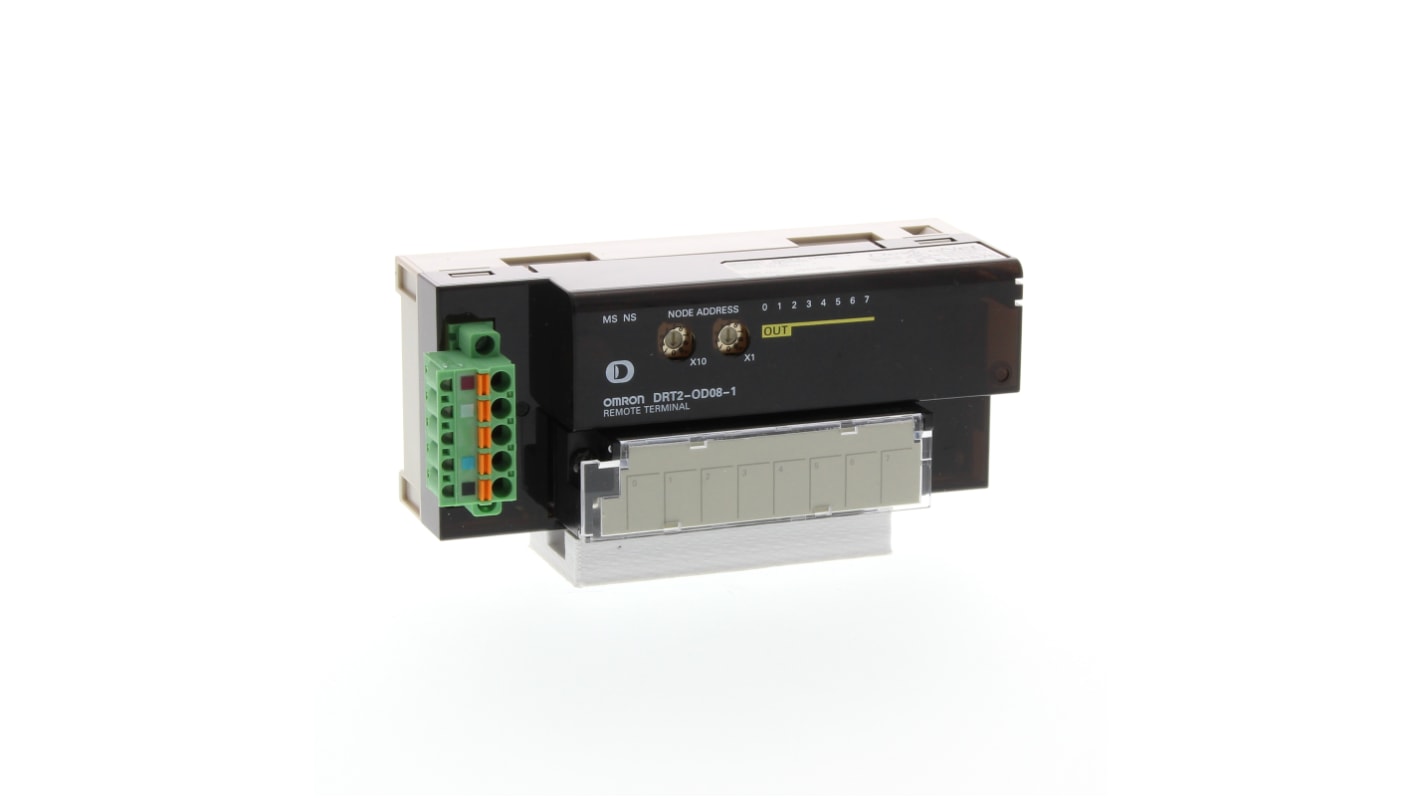 Unità di ingresso Omron DRT2-OD08-1 per DeviceNet, con monitoraggio tensione e errori, resistenza dielettrica 500 VAC.