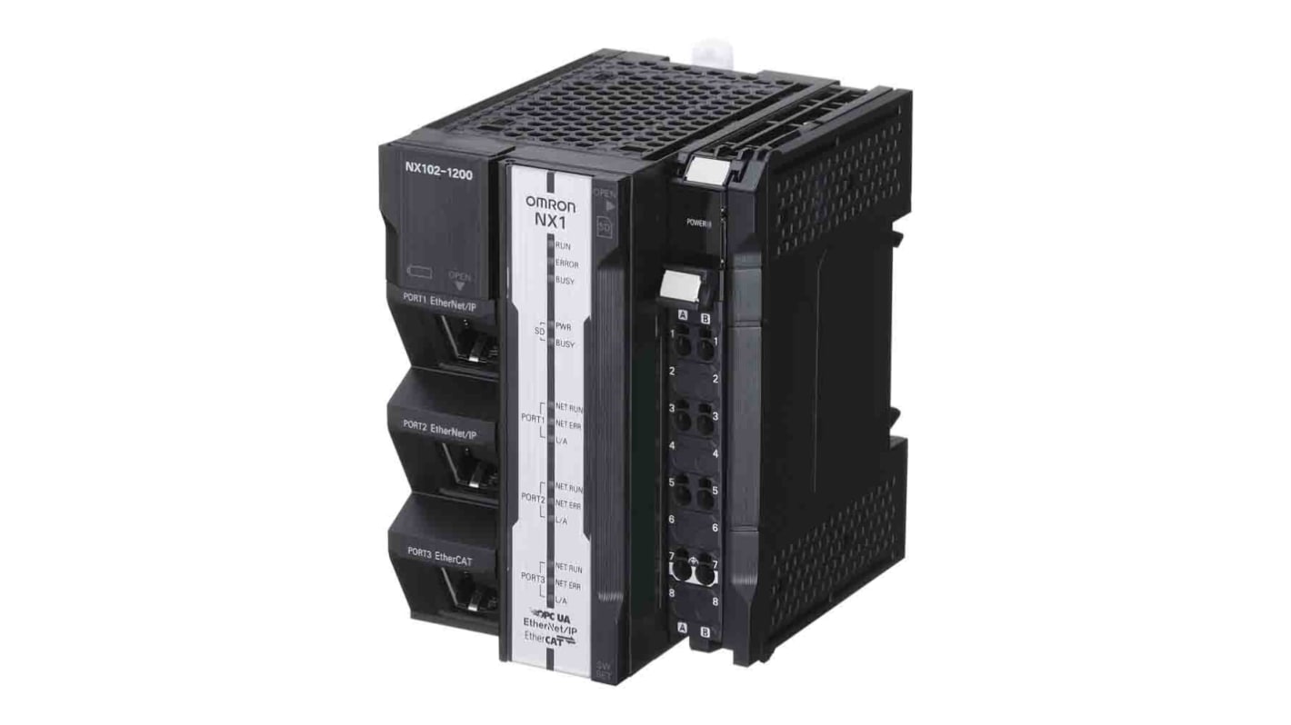 Omron NX102-1200, CPU PLC per automazione macchine, dimensioni 172 x 100 x 90 mm, compatibile con rete Ethernet.