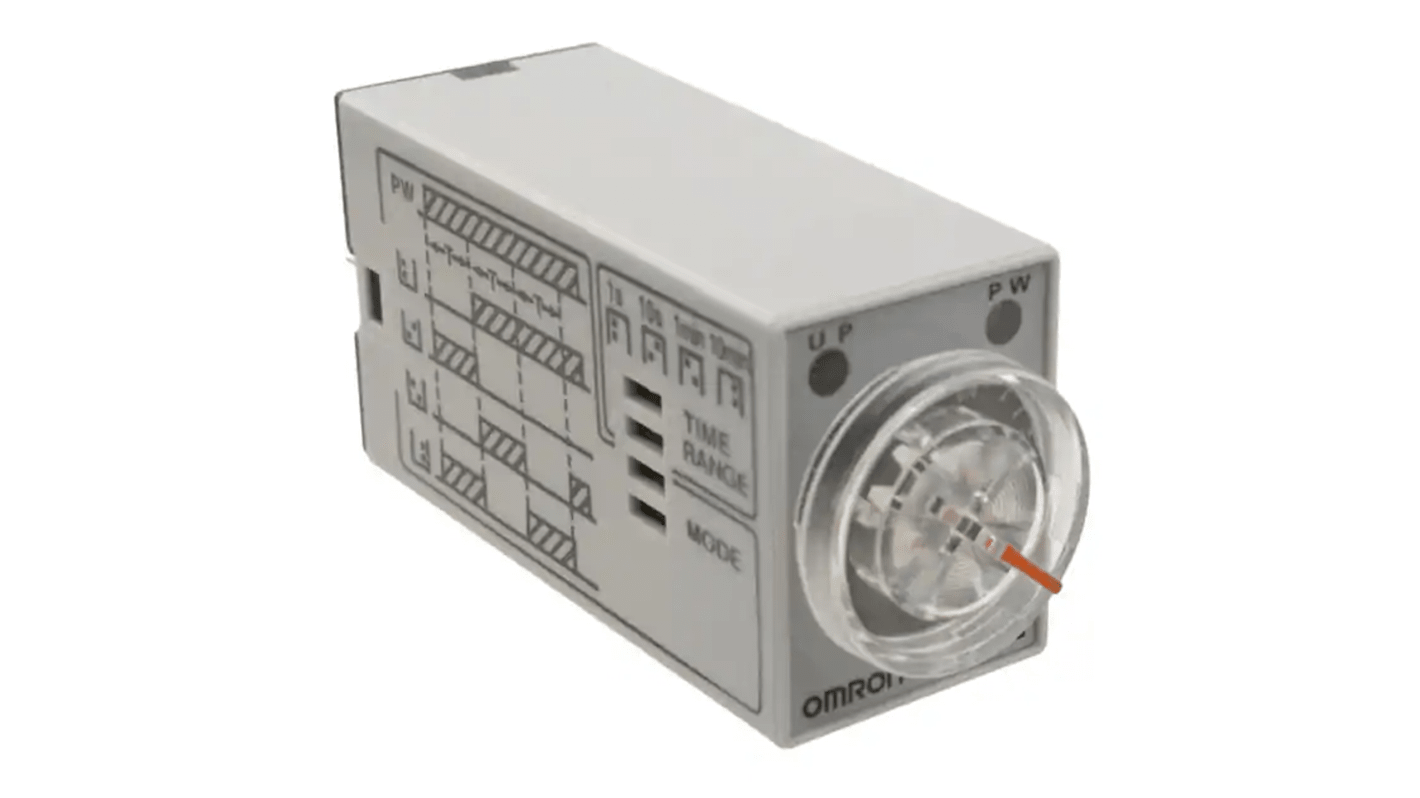 Omron H3YN-2, modulo temporizzatore per guida DIN, 24V cc, intervallo 0.1 s a 10 min, contatti DPDT, larghezza 21.5 mm.