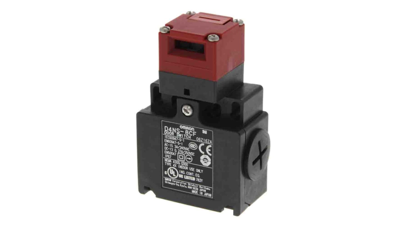 Interruttore di interblocco di sicurezza a chiave Omron D4NS-8BF, 2NC, 240V, 10A, custodia plastica, montaggio versatile.