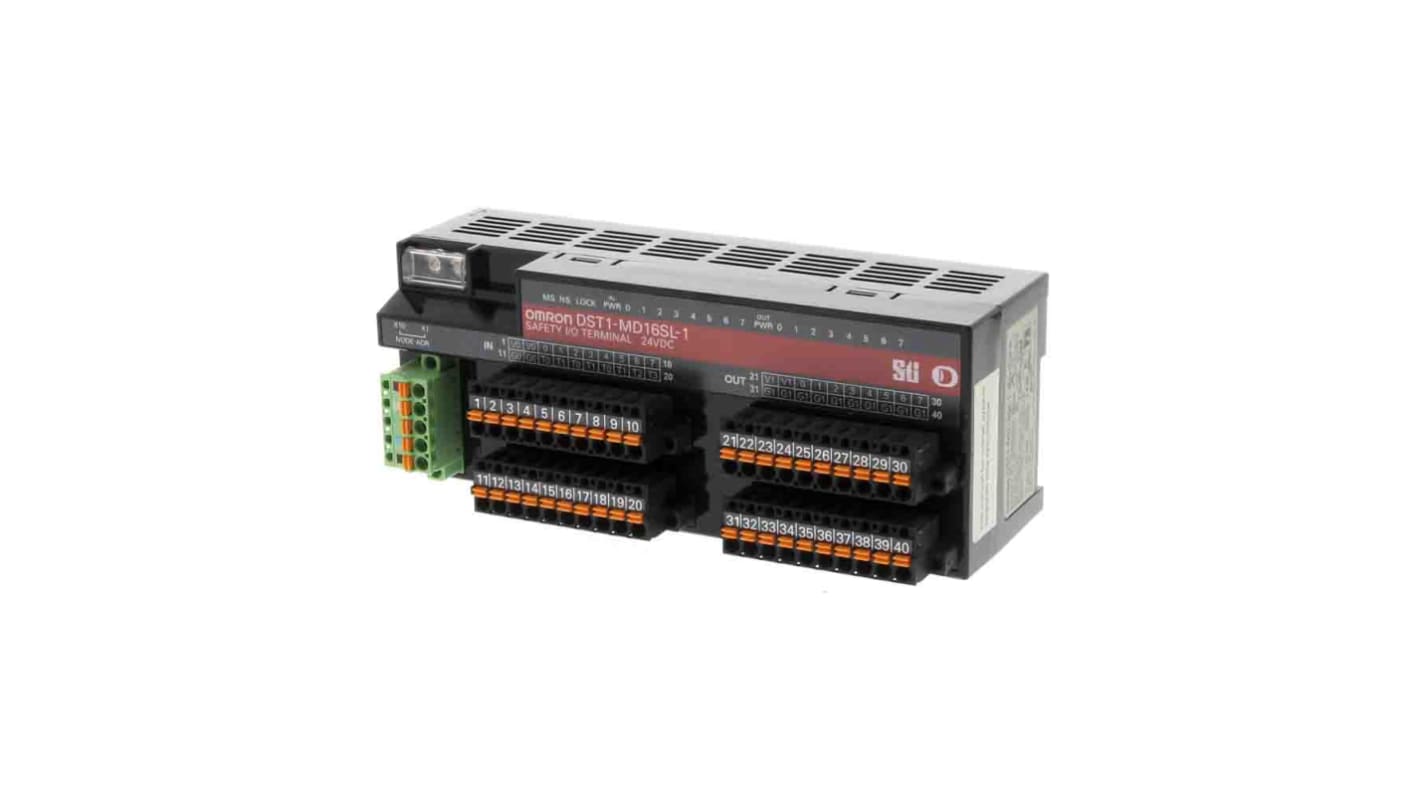 Modulo I/O remoto Omron DST1-MD16SL-1 con 8 ingressi e 8 uscite PNP, morsetti rimovibili per installazione semplice.