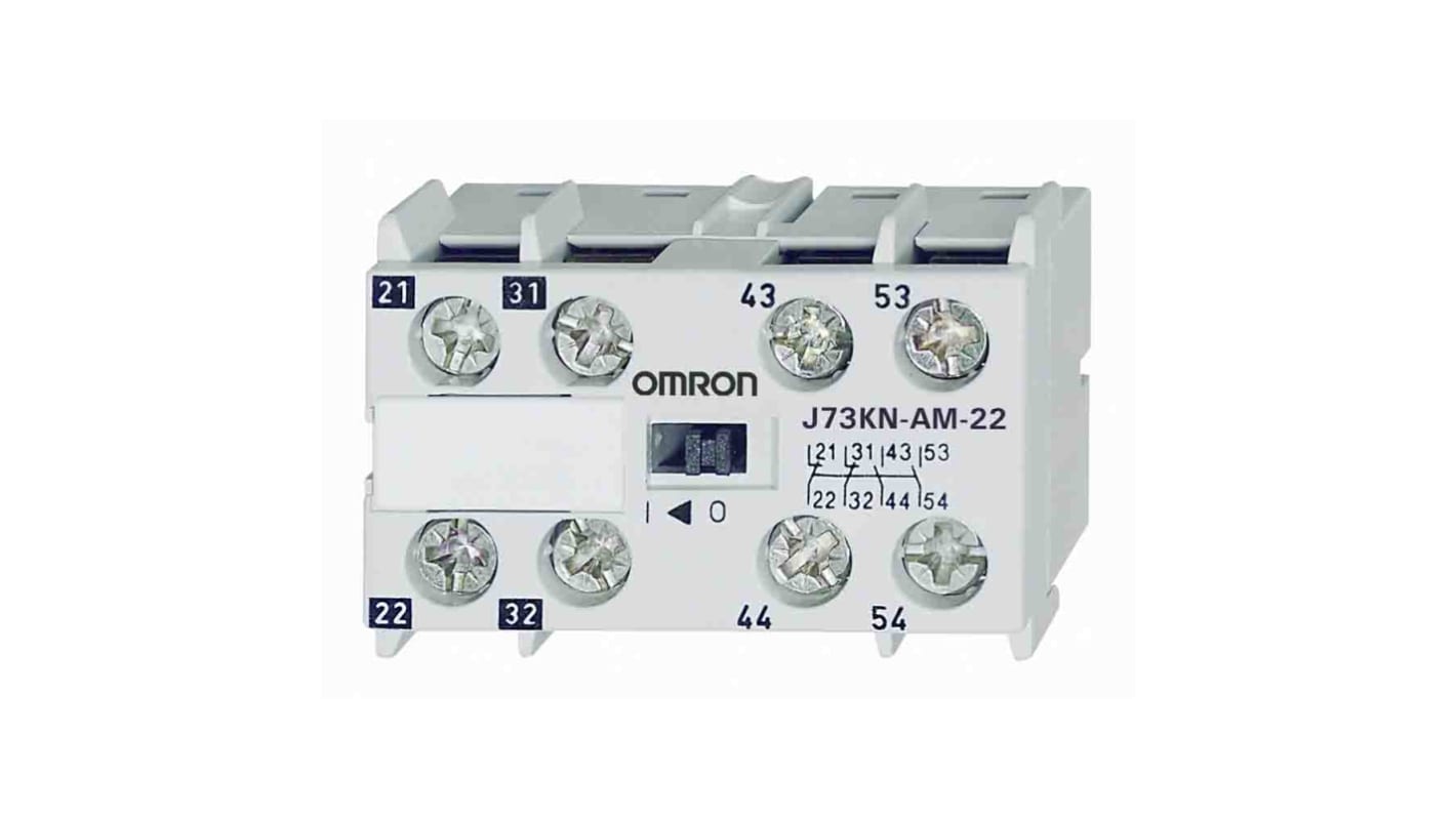 Blocco di contatti ausiliari Omron J73KN-AM-22, 4 contatti (2NC + 2NO), corrente 10 A, tensione 24 V, morsetti a vite.
