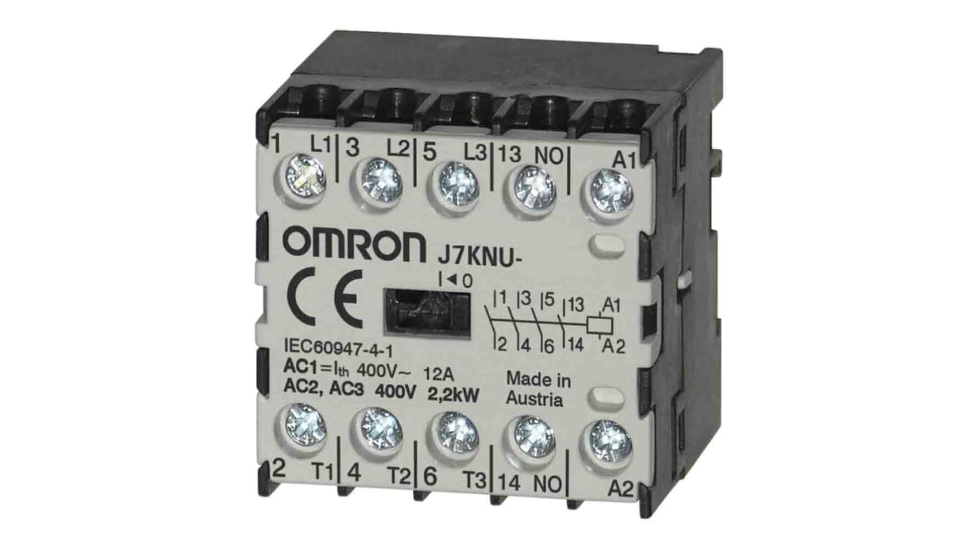 Contattore Omron J7KNU-05-01 60D, 3 poli, 3NO + 1NC, 12 A, bobina 60 V CC, adatto per controllo motore.