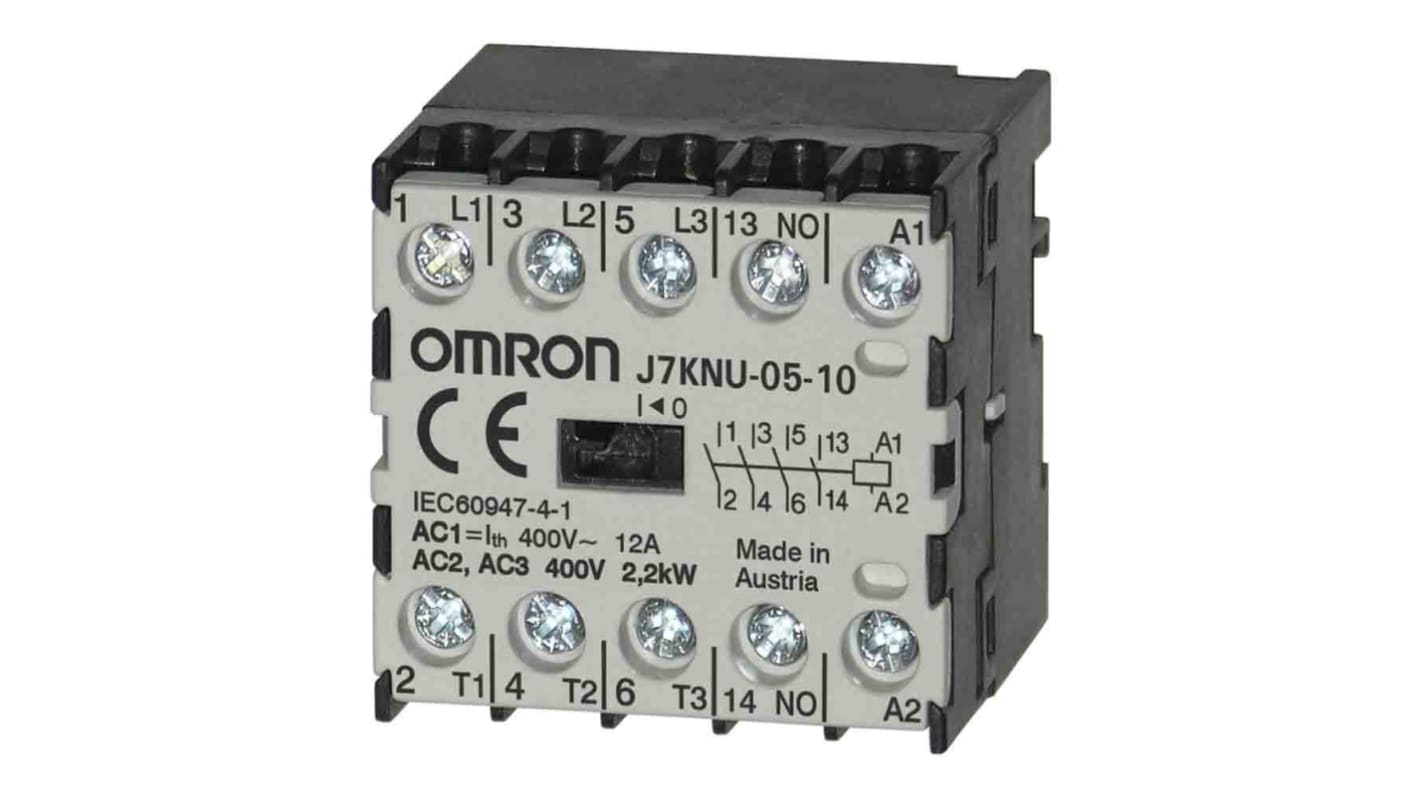 Contattore Omron J7KNU-05-10 48, 3 poli, 3NC + 1NO, 5 A, bobina 48 V C.A., morsetti a vite, compatto per uso industriale.