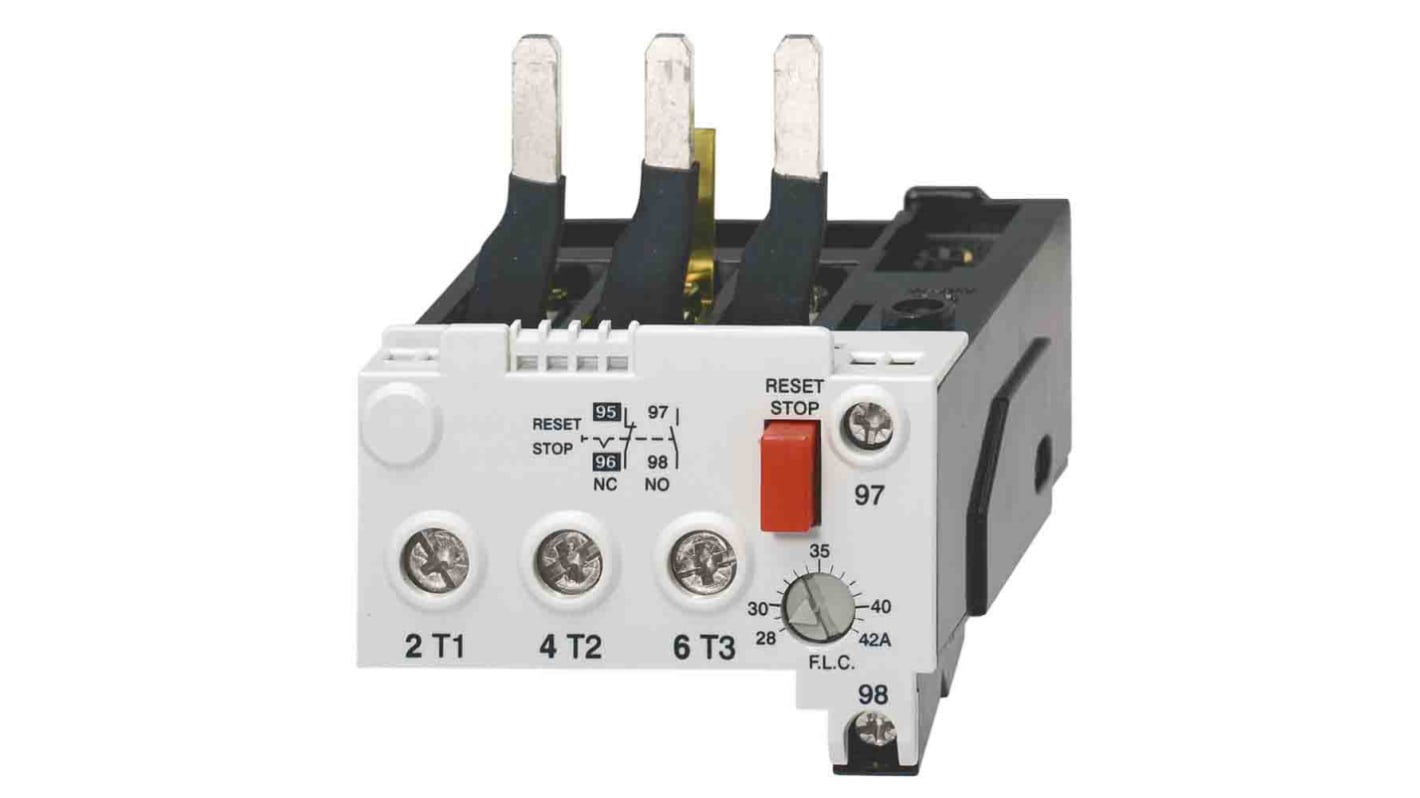 Relè di sovraccarico Omron J7TKN-C-42, tre poli, corrente nominale 42 A, montaggio diretto, reset manuale e automatico.
