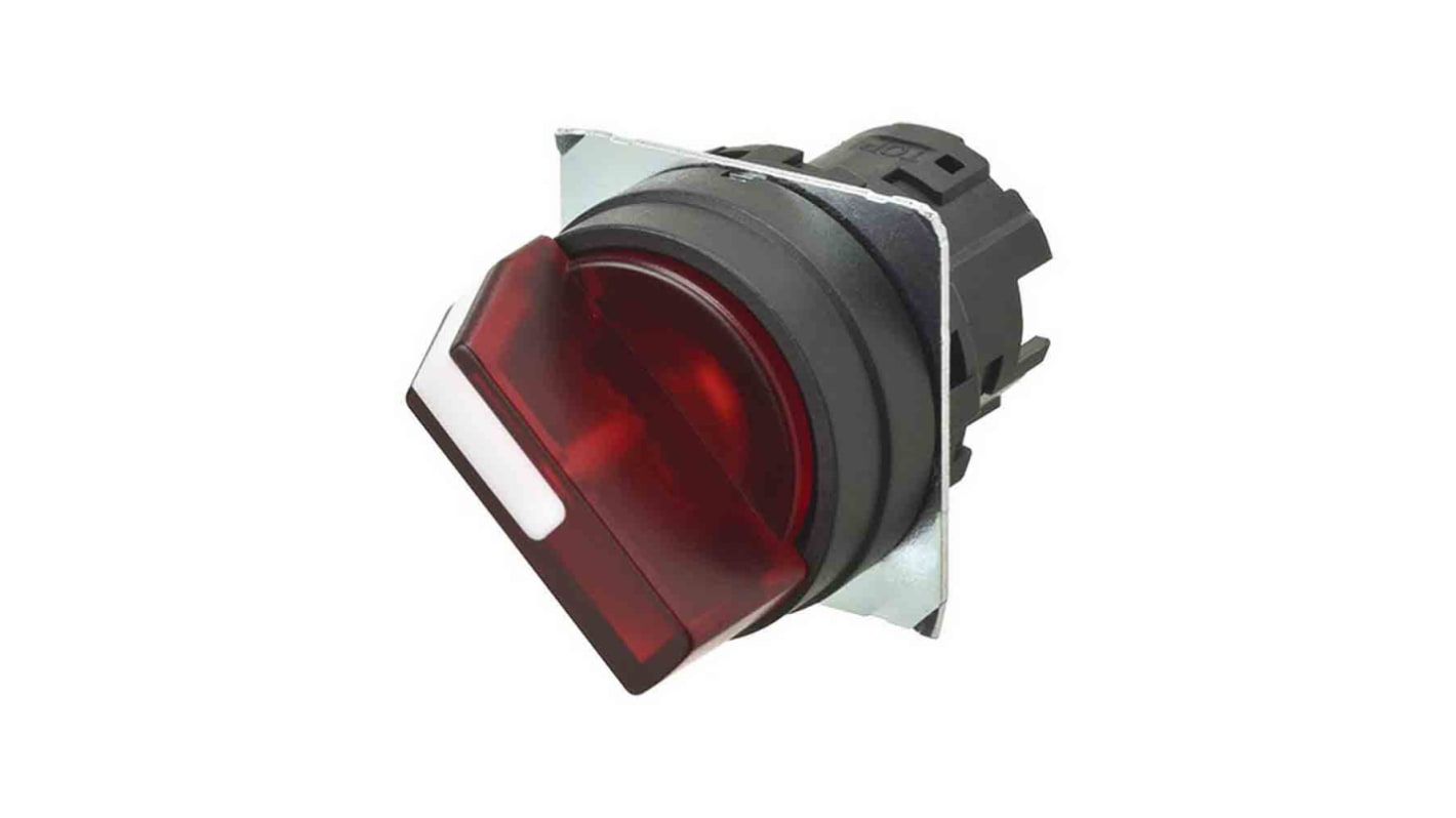 Selettore a due posizioni Omron A22NZ-2BM-TRA, diametro foro 22mm, design compatto, colore rosso trasparente.