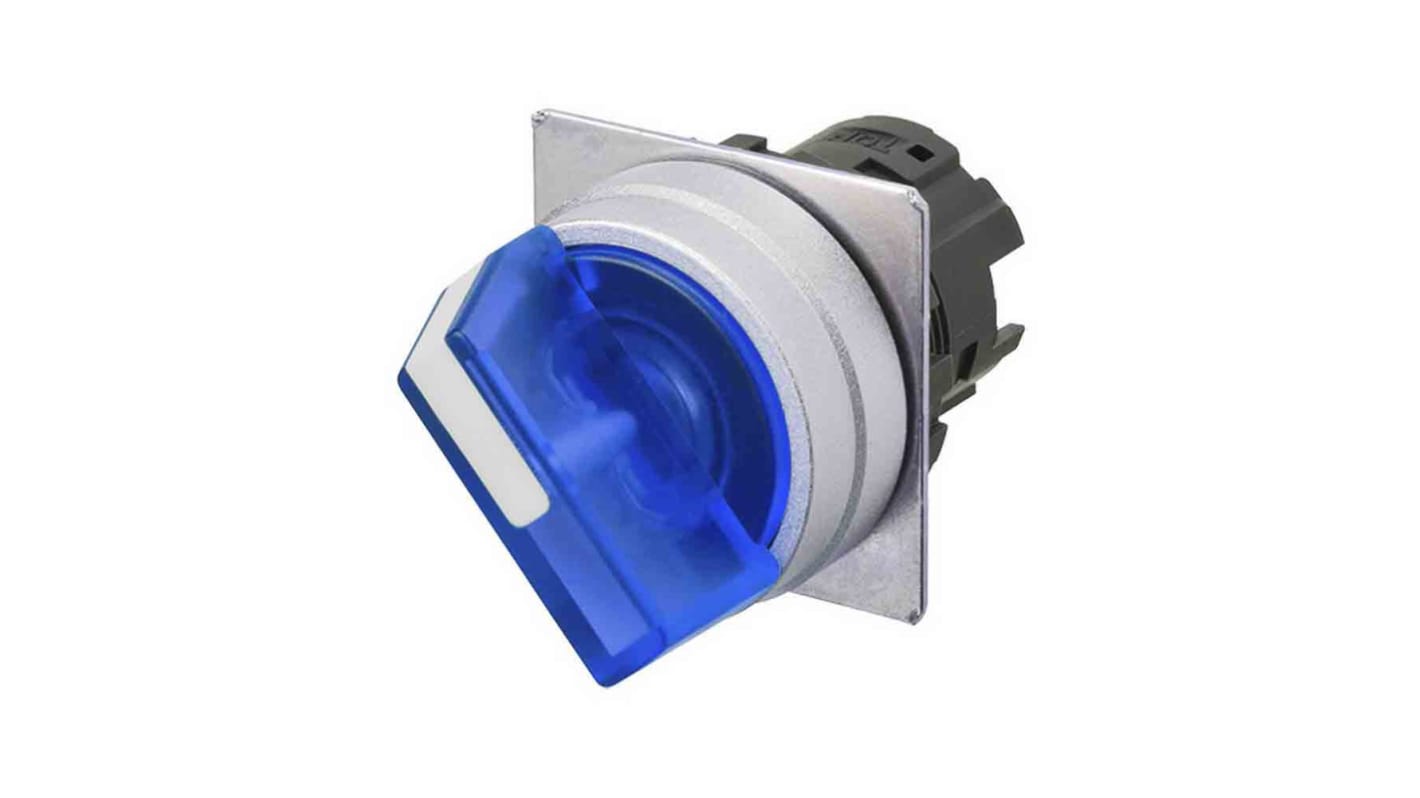 Selettore a 2 posizioni Omron A22NZ-2MM-TAA, diametro foro 22mm, illuminato, in metallo spazzolato, colore blu trasparente.