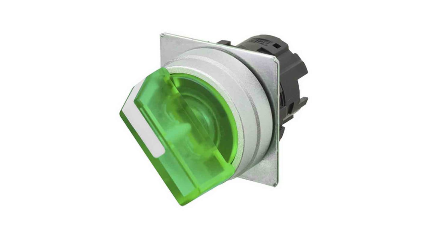 Selettore Omron A22NZ-2MM-TGA, illuminato verde, 2 posizioni, diametro foro 22mm, metallo spazzolato.