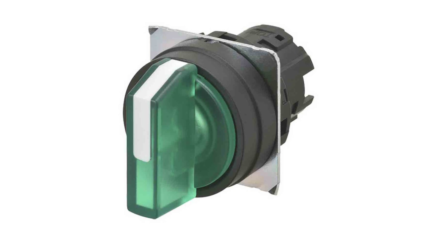 Selettore Omron A22NZ-3BB-TGA, illuminato verde, 3 posizioni, diametro foro 22mm, attivazione momentanea.