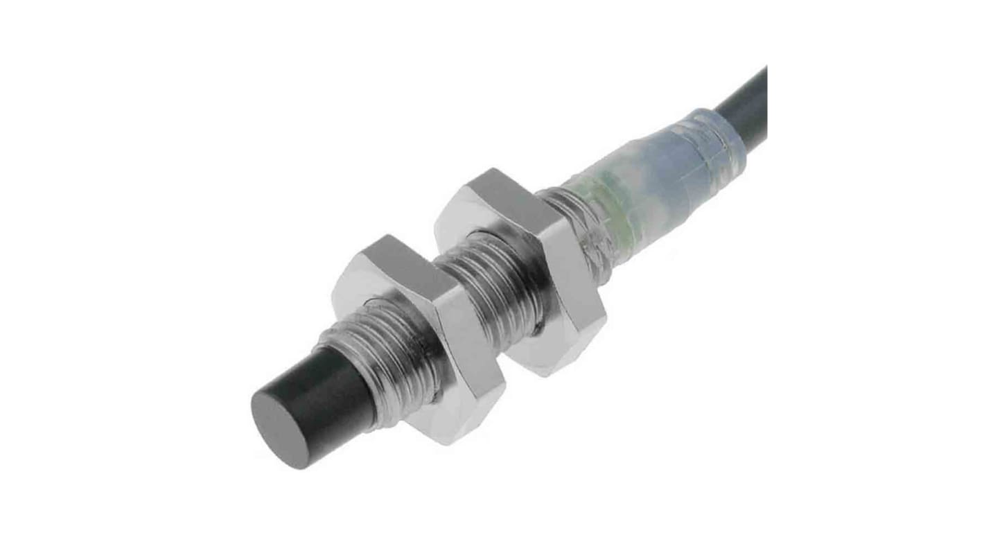 Sensore di prossimità cilindrico Omron E2A-S08KN04-WP-C1 2M, tecnologia induttiva, uscita NPN, grado di protezione IP67, rilevamento fino a 4 mm.