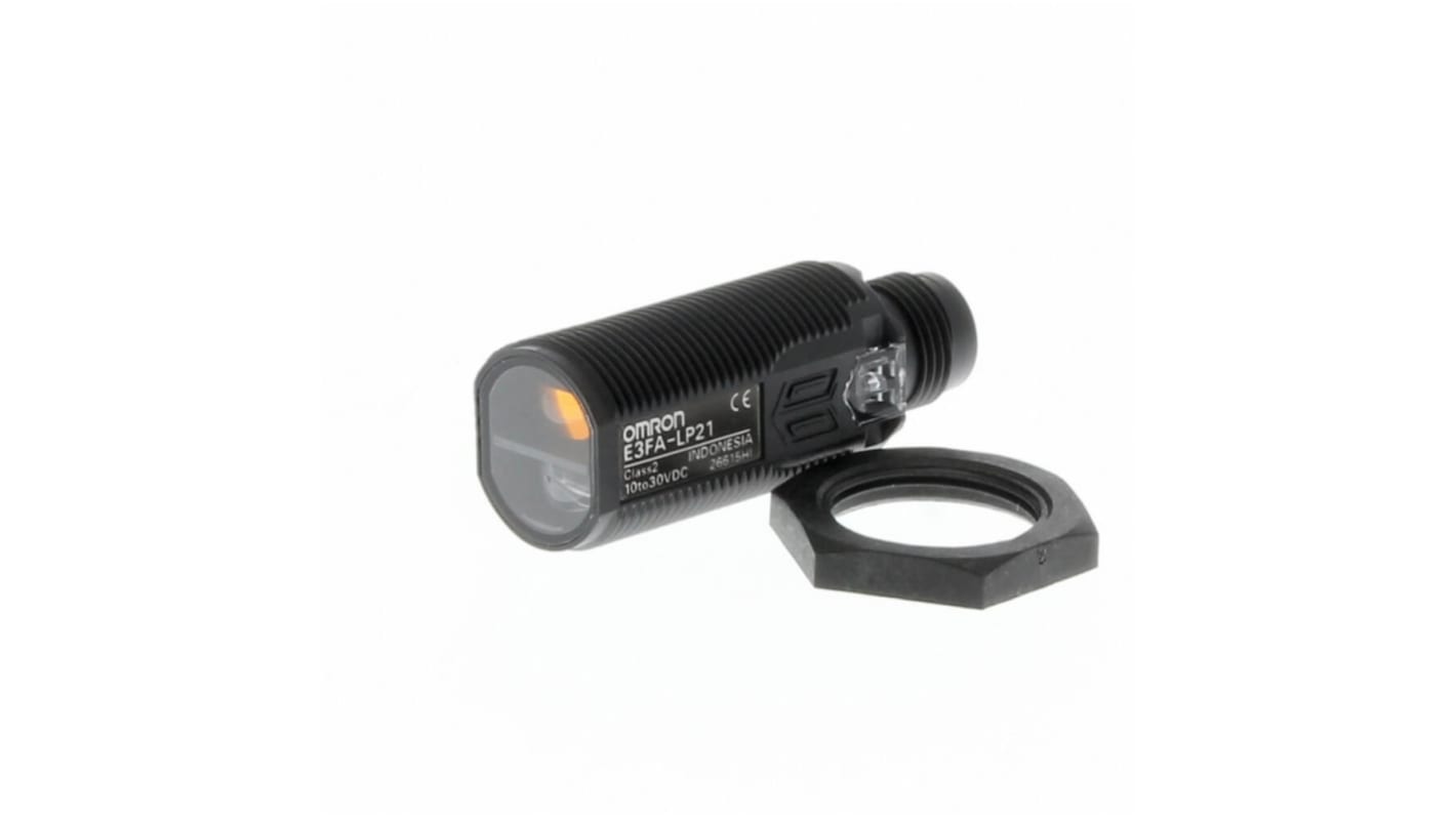 Sensore fotoelettrico cilindrico Omron E3FA-LP21-F2, rilevamento a 100 mm, uscita PNP, connettore M12, facile installazione.