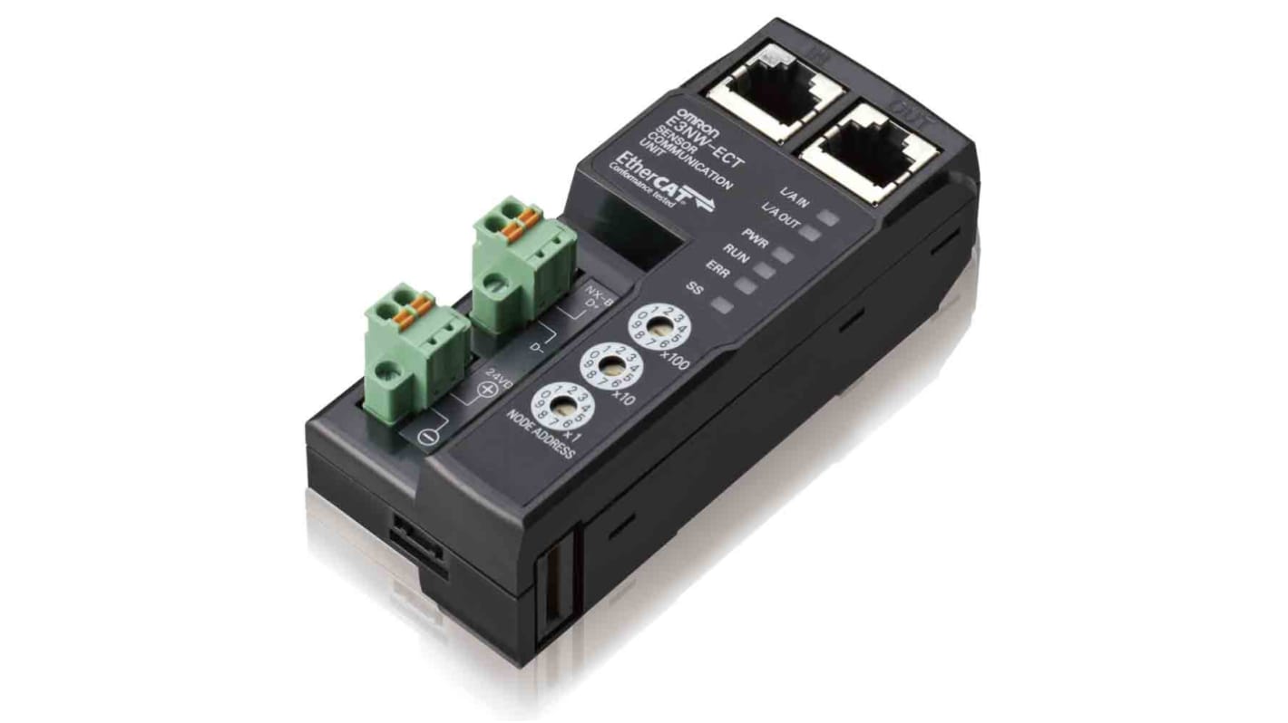 Ricevitore Omron E3NW-ECT per comunicazione sensore, utilizza EtherCAT, distanza massima 100m, montaggio distribuito.
