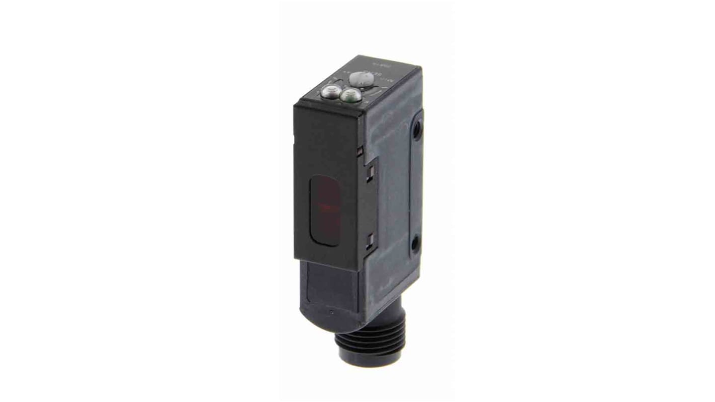 Sensore fotoelettrico rettangolare a retroriflessione Omron E3S-AR66, rilevamento 0,1-2 m, uscita NPN, connettore M12.