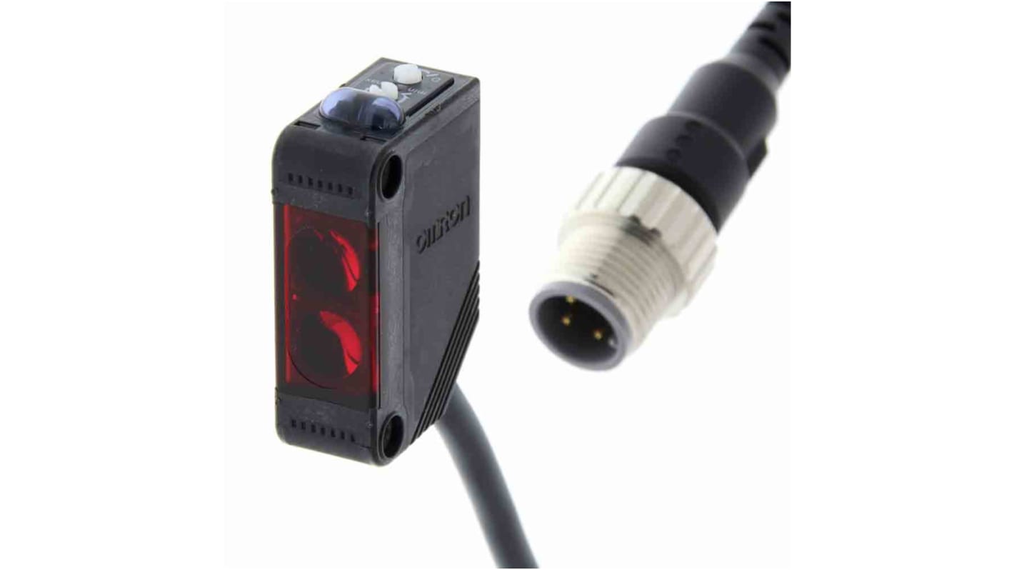 Sensore fotoelettrico Omron E3Z-R81-M1TJ-IL2 0.3M, rettangolare a retroriflessione, rilevamento 100 mm, uscita PNP, con connettore M12.