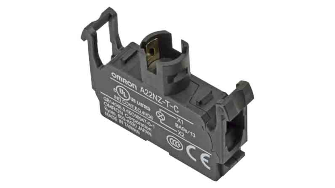 Blocco contatti luminoso Omron A22NZ-T-C per pulsante 22mm - Design compatto, facile montaggio, conforme standard sicurezza internazionali.
