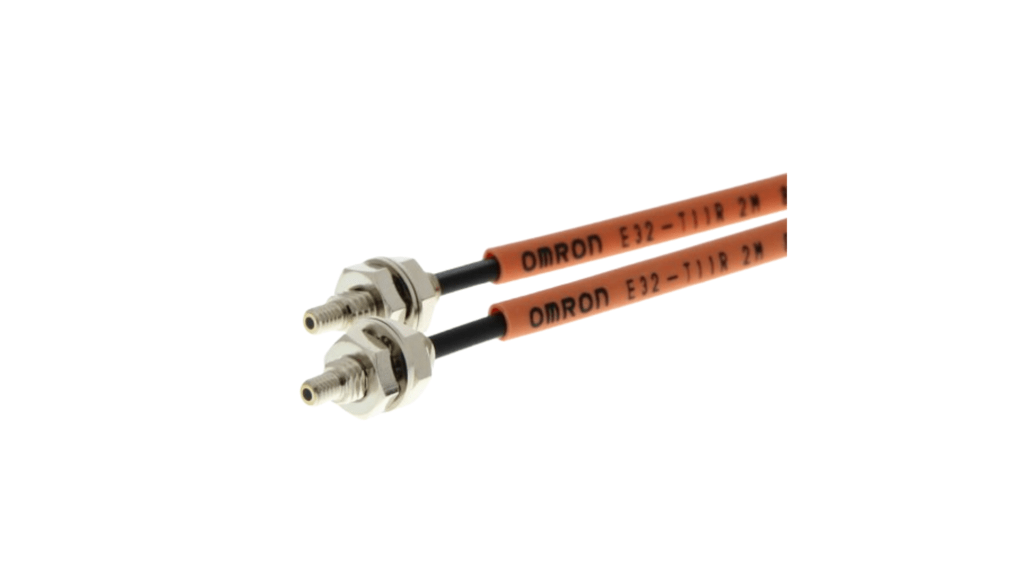 Omron E32-T11R 2M, sensore a fibra ottica IP67, pre-cablato 2 m, rilevamento fino a 1500 mm, tempo di risposta 1 ms.