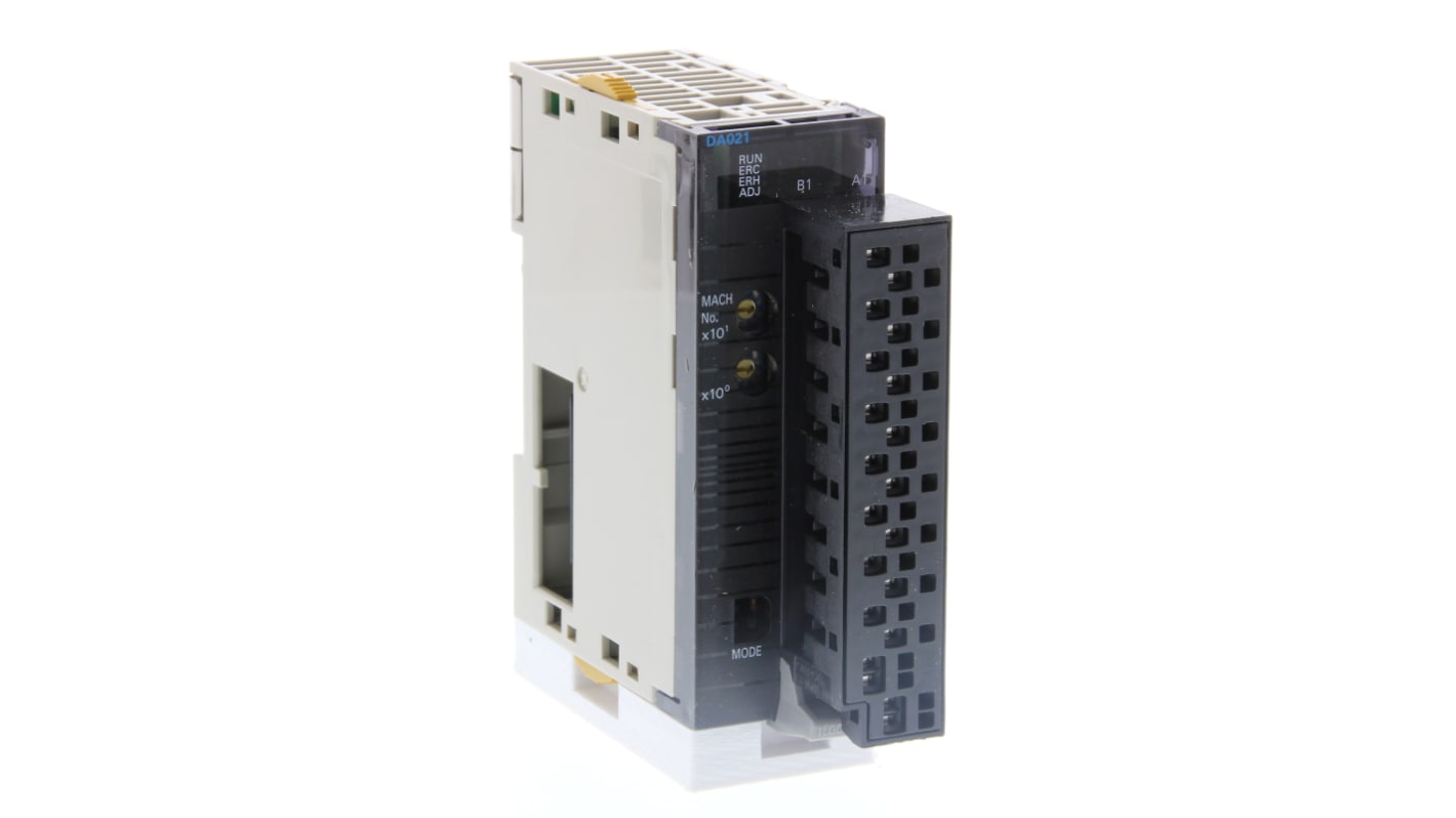 Modulo I/O Omron CJ1W-DA021(SL) con due uscite analogiche 1-5 V, alimentazione 24 V c.c., porte USB ed Ethernet.
