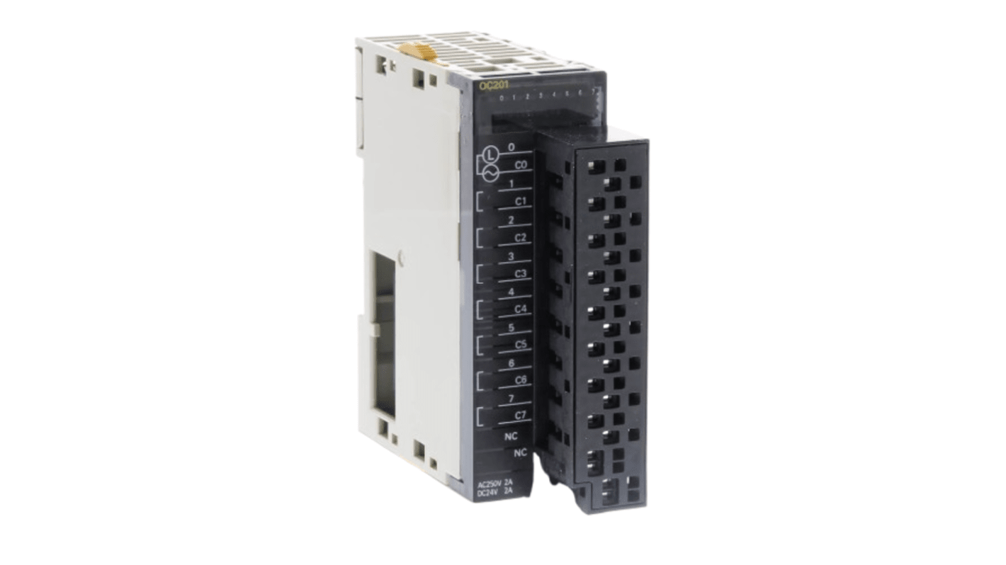 Modulo I/O Omron CJ1W-OC201(SL) con 8 uscite relè, tensione 250 V c.a., connessione senza viti e porte USB ed Ethernet.