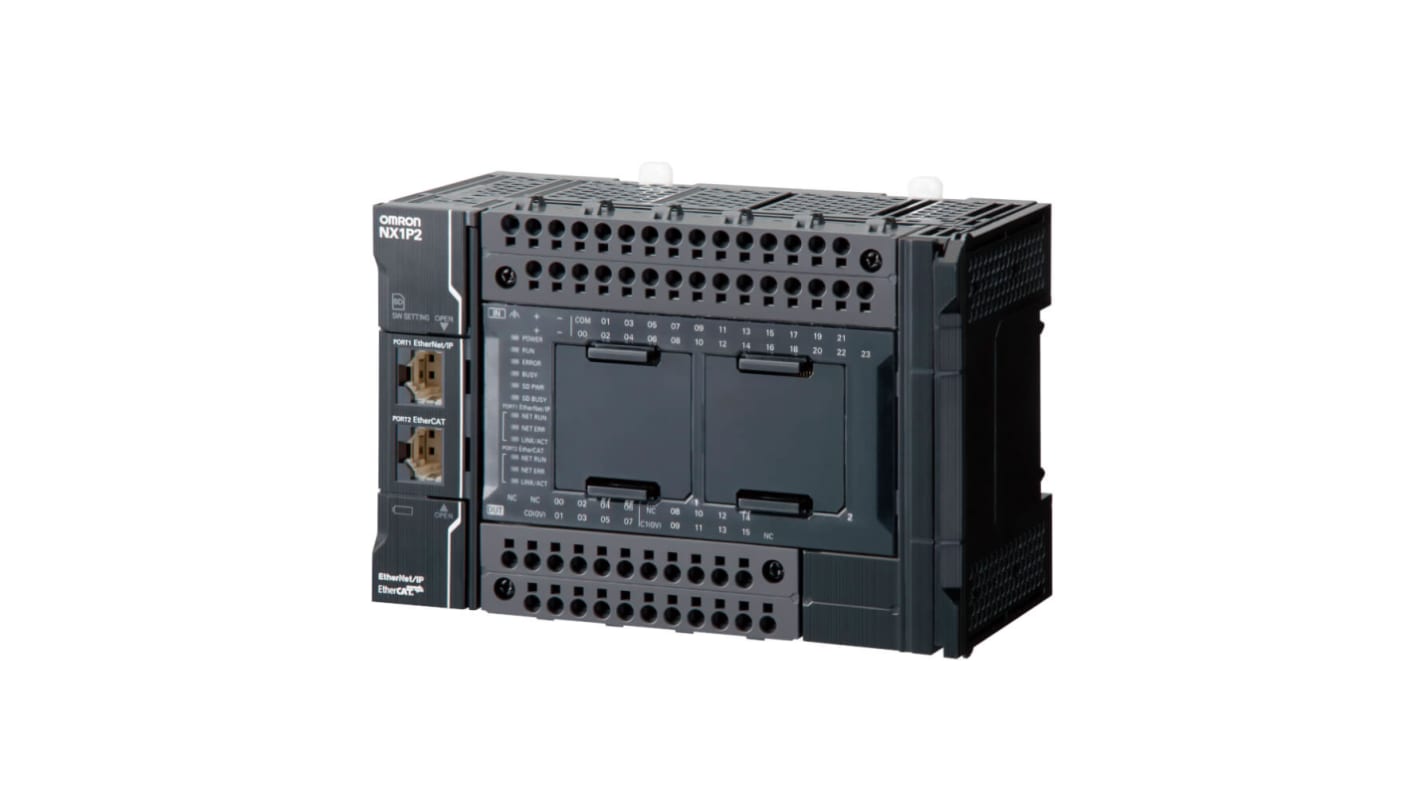 CPU PLC Omron NX1P2-9B40DT1, 40 I/O digitali PNP, 1 MB memoria, supporto Ethernet/IP, dimensioni compatte.