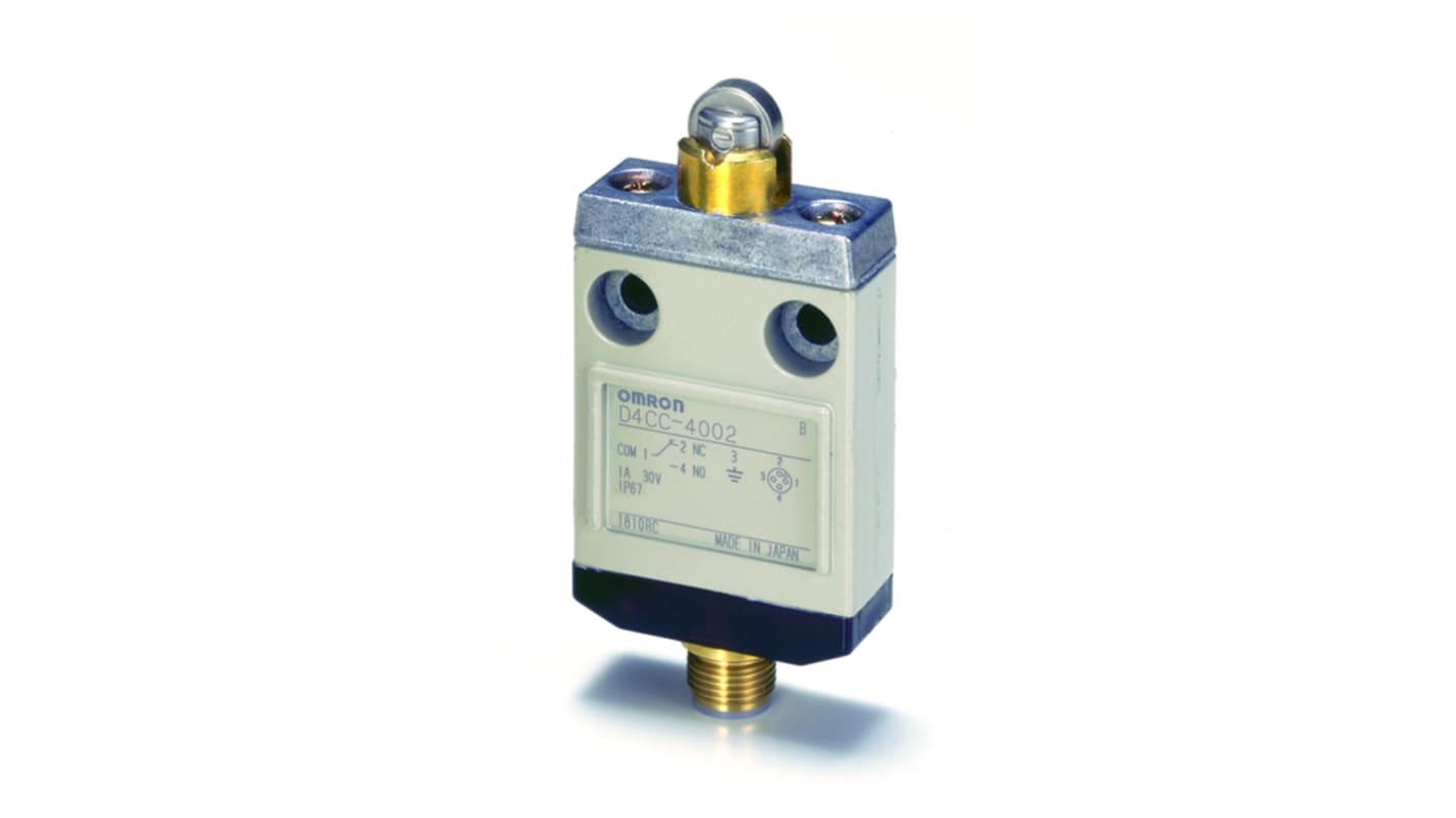 Interruttore di fine corsa Omron D4CC-4002, tasto a rotella SPDT, protezione IP67, corrente 1A, dimensioni 16 mm.