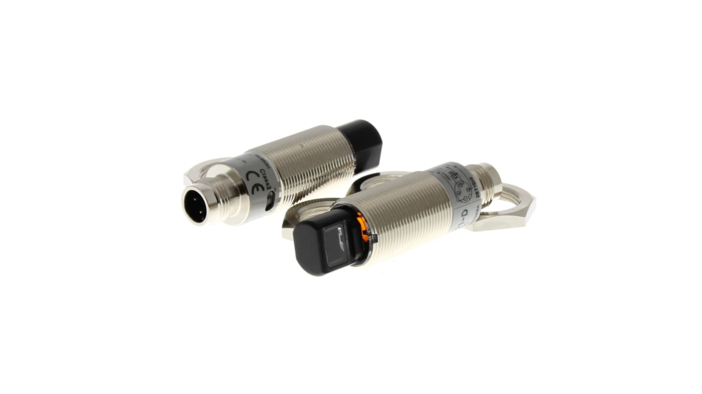 Omron E3RB-TP21, sensore fotoelettrico cilindrico a fascio diretto, rilevamento fino a 15 m, uscita PNP, connettore M12, montaggio semplice.