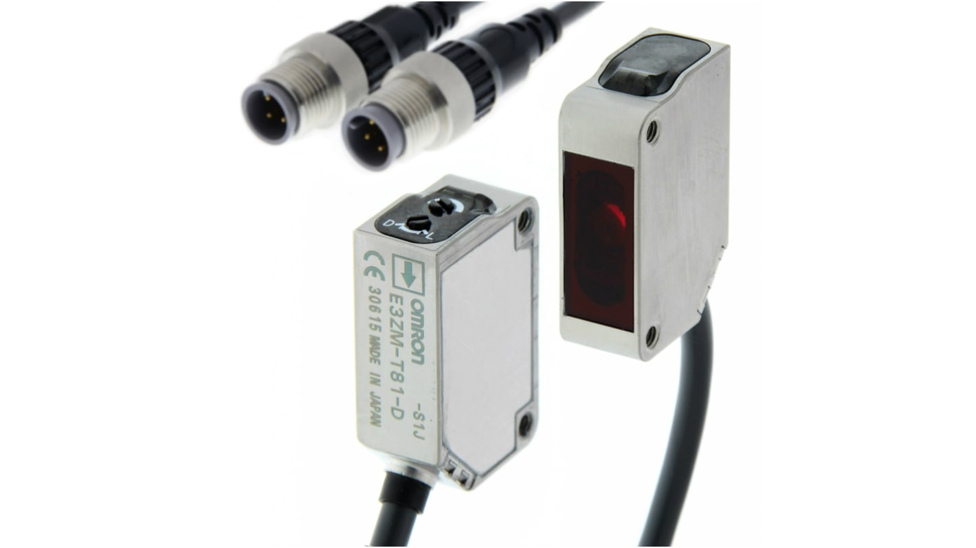 Sensore fotoelettrico rettangolare Omron E3ZM-T81-S1J 0.3M, rilevamento fino a 15 m, connettore M12, grado di protezione IP67/IP69K.