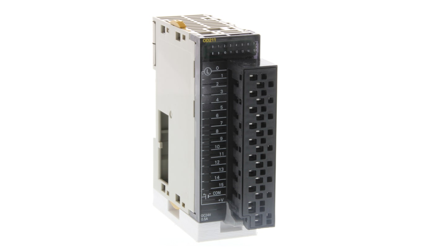 Modulo I/O Omron CJ1W-OD211(SL) con 16 uscite transistor NPN, compatibile con PLC CJ2, montaggio a morsetto senza viti.