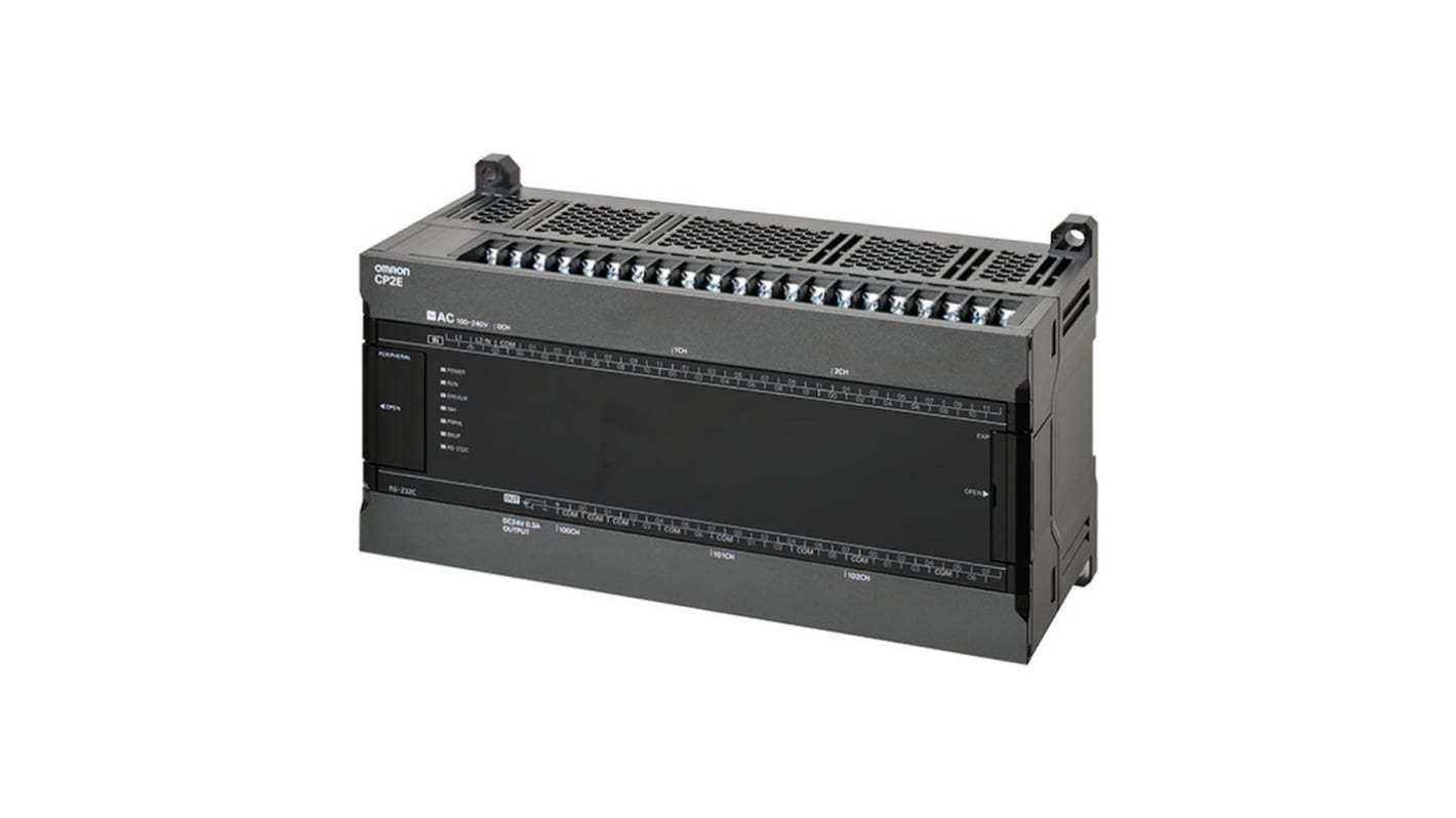 Omron CP2E-E60DR-A, controller PLC compatto con 36 ingressi, 24 uscite e switch Ethernet integrato.