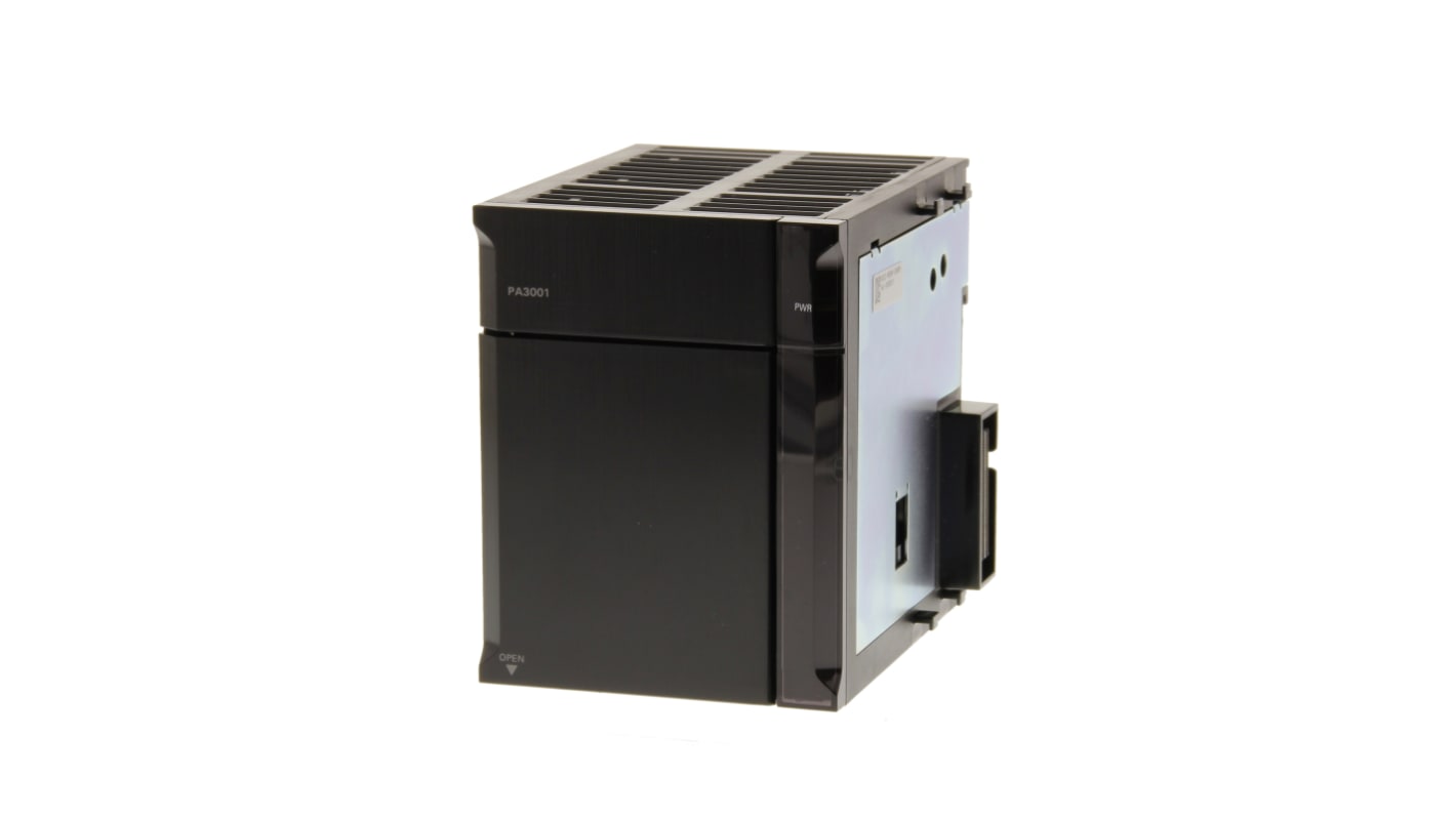 Connettore maschio Omron NJ-PA3001 per PLC, alimentazione 100-240 V AC e 24 V DC, uscita 30 W, indicatore stato CPU.