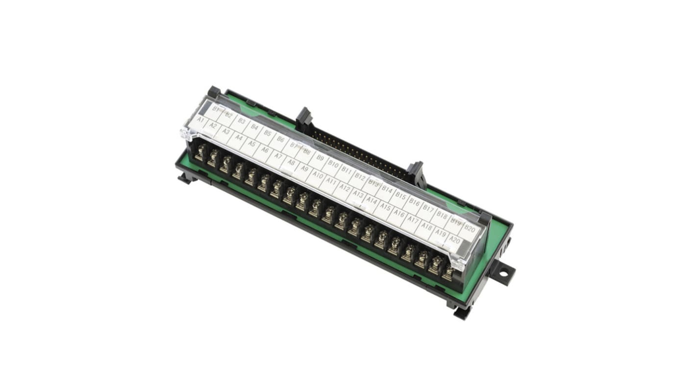 Morsettiera Omron XW2R-J40G-T per Unità i/o serie CS, montaggio su guida DIN, area ridotta del 35%, terminali a vite colorati.