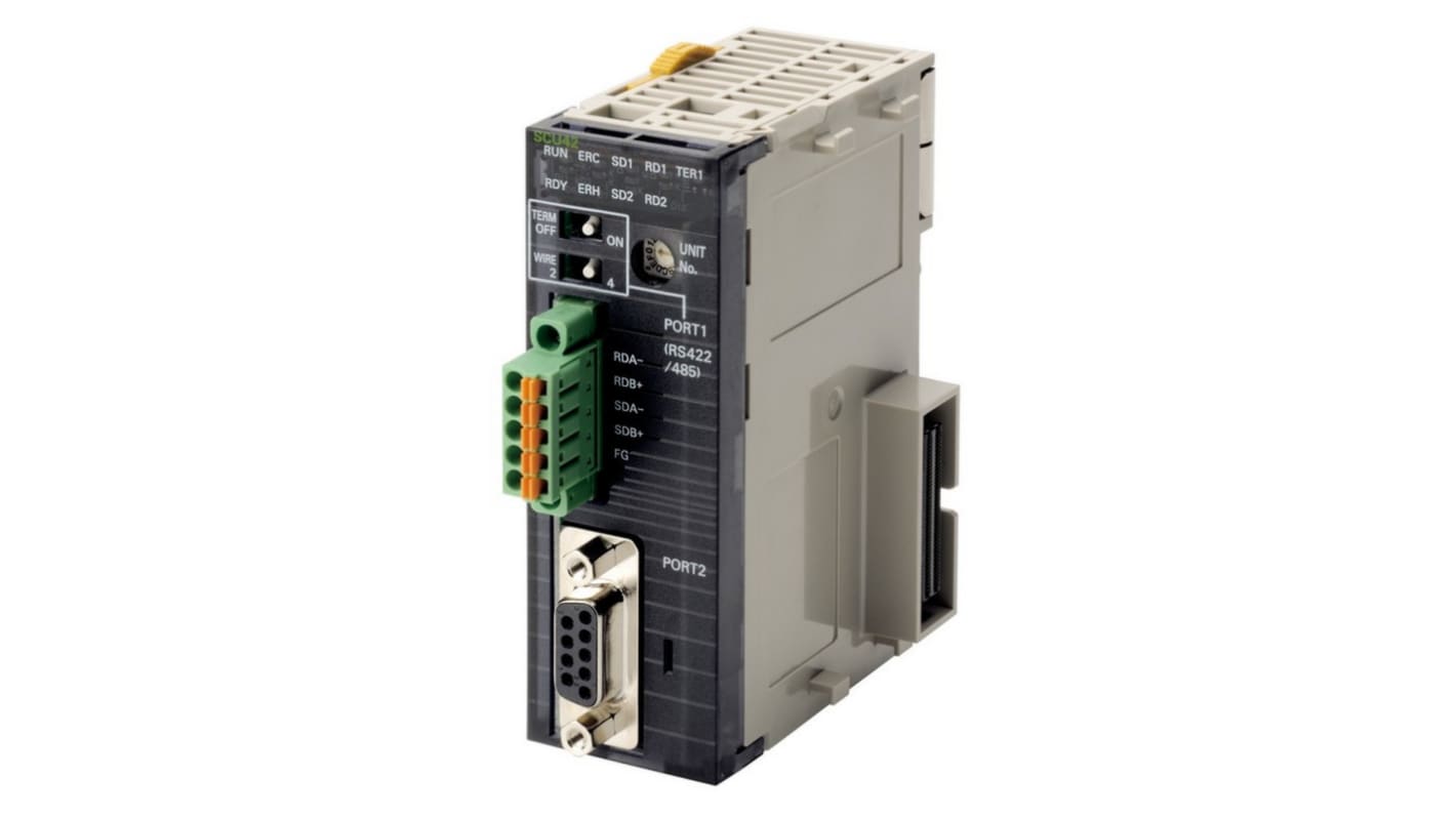 Modulo I/O Omron CJ1W-SCU42 per comunicazione seriale ad alta velocità, con porte RS-232C e RS-422/485.