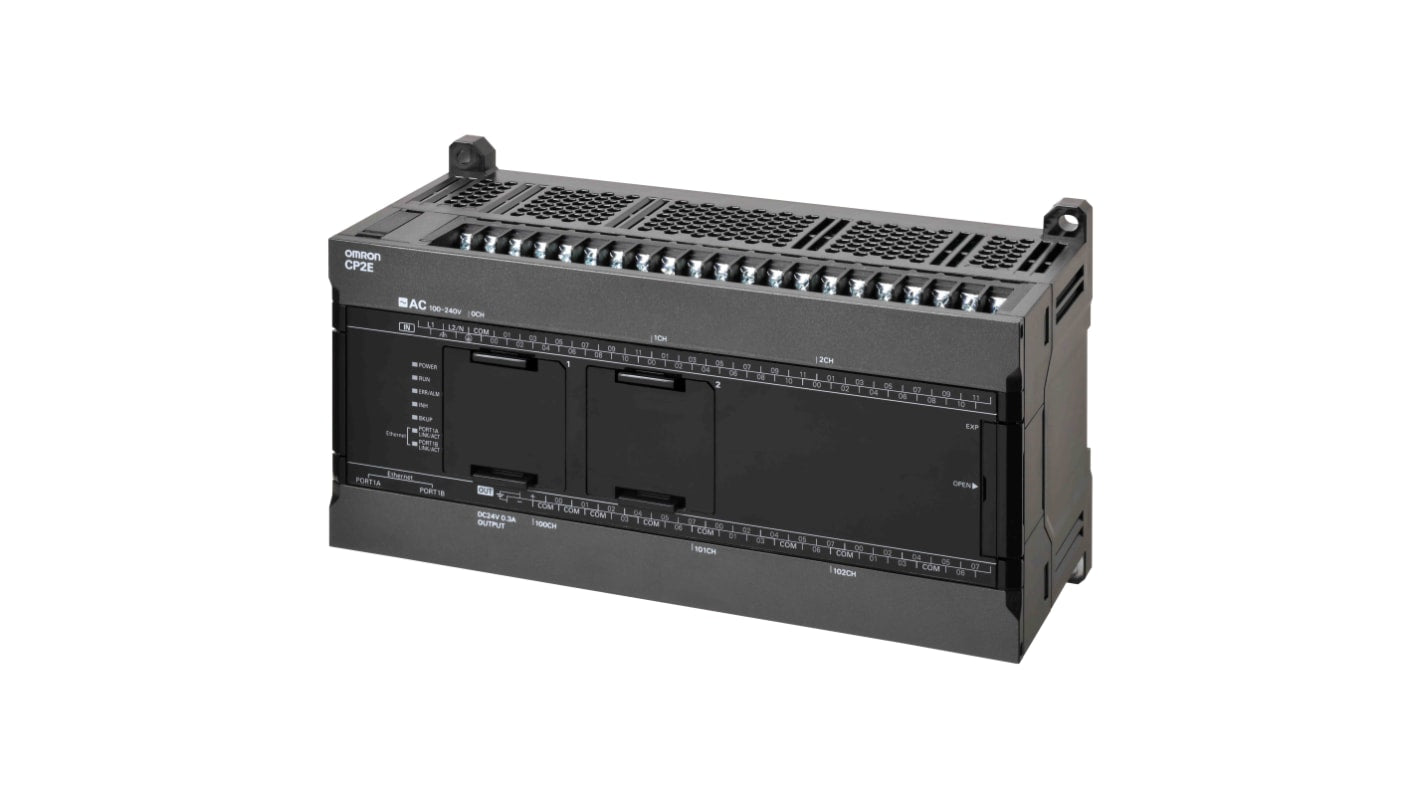 Omron CP2E-N60DT1-D, unità PLC compatta con 36 ingressi digitali e 24 uscite, due porte Ethernet integrate.