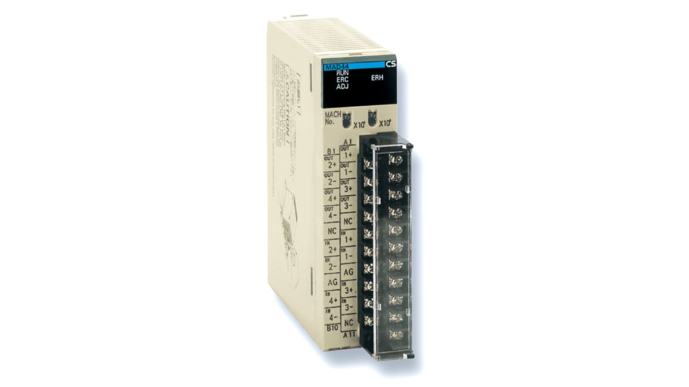 Modulo I/O analogico Omron CS1W-MAD44 per CJ1, con 4 ingressi/uscite, ideale per misurazione temperatura e acquisizione dati.
