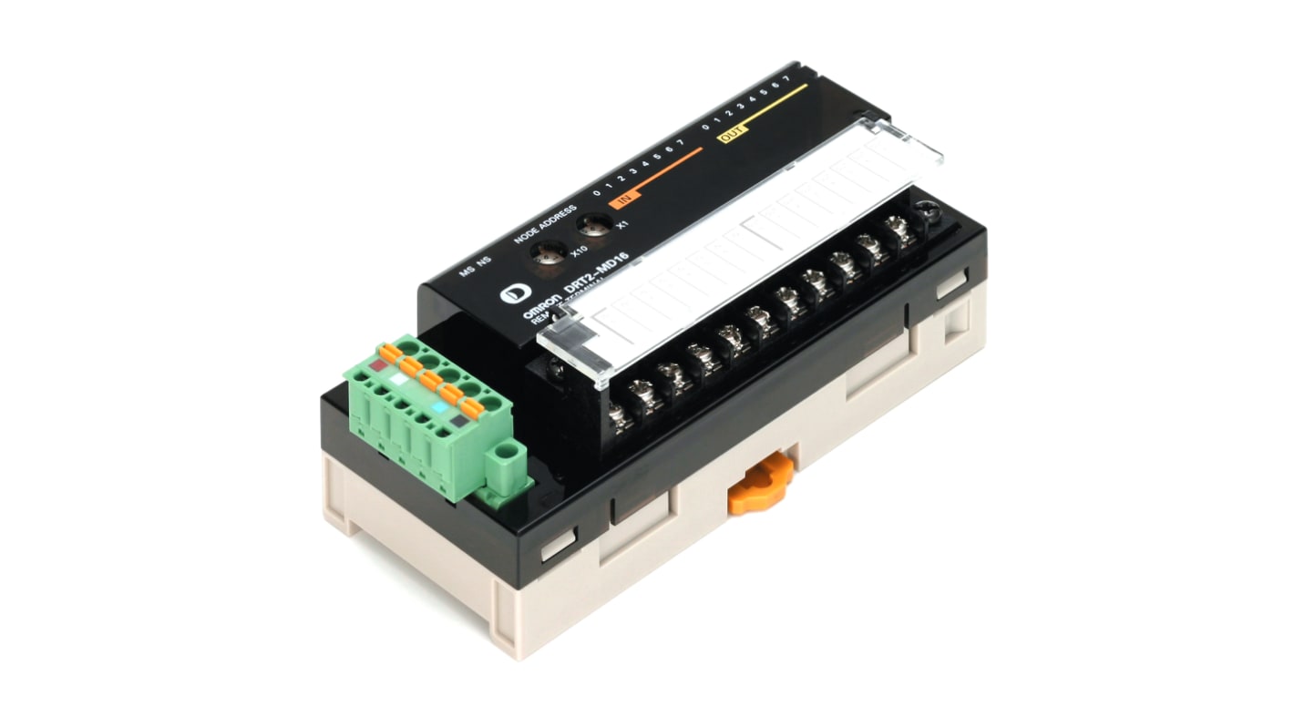 Modulo I/O Omron DRT2-MD16-1, unità digitale DeviceNet con 8 ingressi e 8 uscite PNP, grado di protezione IP20.