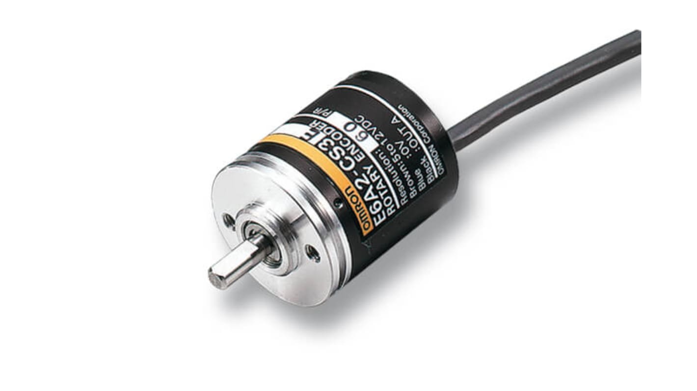 Encoder rotativo Omron E6A2-CW5C 200P/R 0.5M, 200 impulsi/giro, uscita NPN, alimentazione 12-24 V, disco metallico.