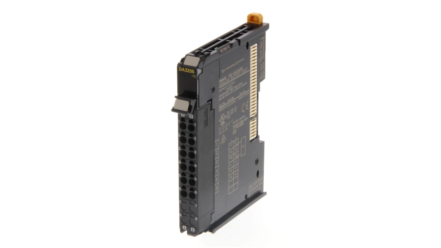 Modulo I/O Omron NX-DA3205 per automazione industriale, con uscite analogiche di tensione e corrente, grado di protezione IP20.