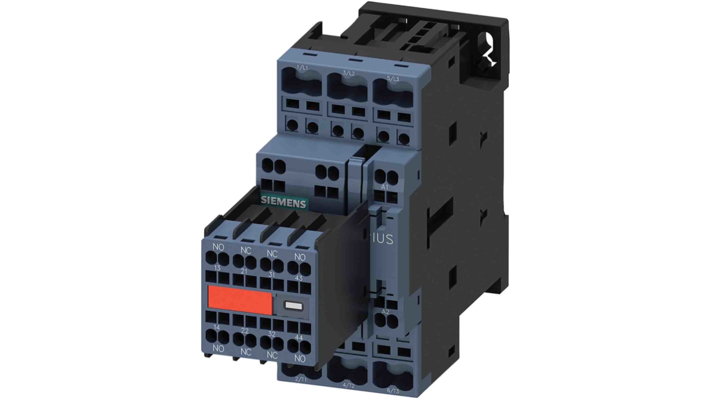 Contattore reversibile Siemens 3RT2025-2CL24-3MA0, 3 poli, 7,5 kW, 17 A, 400 V, con varistore e terminal a molla.