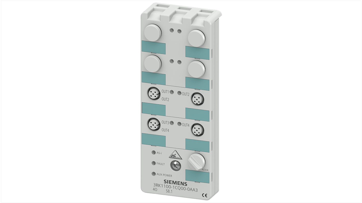 Modulo I/O digitale Siemens 3RK1100-1CQ00-0AA3, IP67, 4 uscite da 4 A, connessione M12, piastra di montaggio separata.