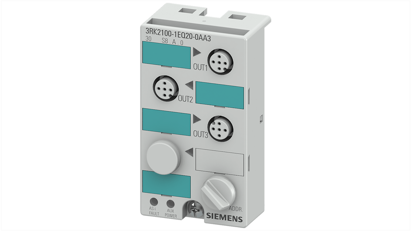 Modulo I/O PLC Siemens 3RK2100-1EQ20-0AA3, AS-i slave digitale K45, IP67, con protezione cortocircuiti e montaggio M12.