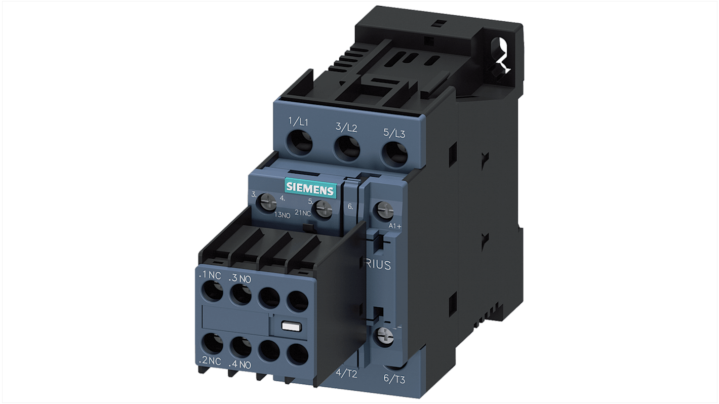 Contattore Siemens 3RT2024-1BM44, 3 poli, 2 NO + 2 NC, 12 A, bobina 220 V c.c., design compatto e terminali frontali.