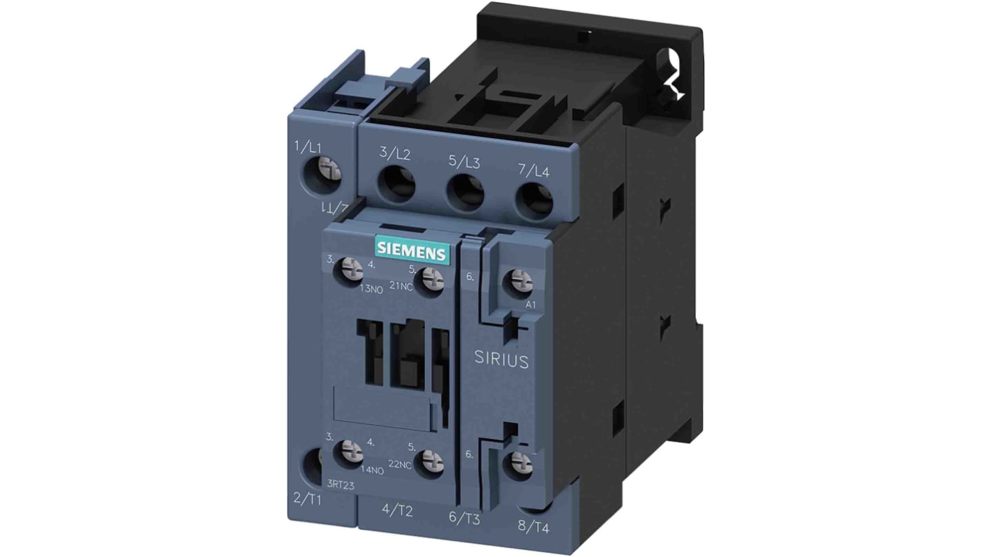 Contattore Siemens 3RT2327-1AP00, 4 poli, 1 NO + 1 NC, 50 A, bobina 230 V c.a., montaggio a vite e snap-on.