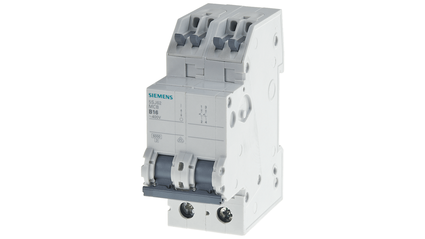 Interruttore magnetotermico Siemens 5SJ6216-6KS, 16 A, 5 kA, montaggio su guida DIN, dimensioni 90x36x76 mm, IP20.