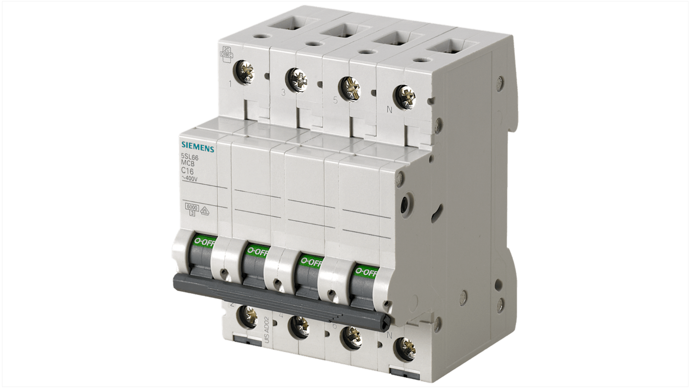Interruttore magnetotermico Siemens 5SL6603-7, 3 poli + neutro, 3A, Tipo C, montaggio su guida DIN, capacità di interruzione 6kA.