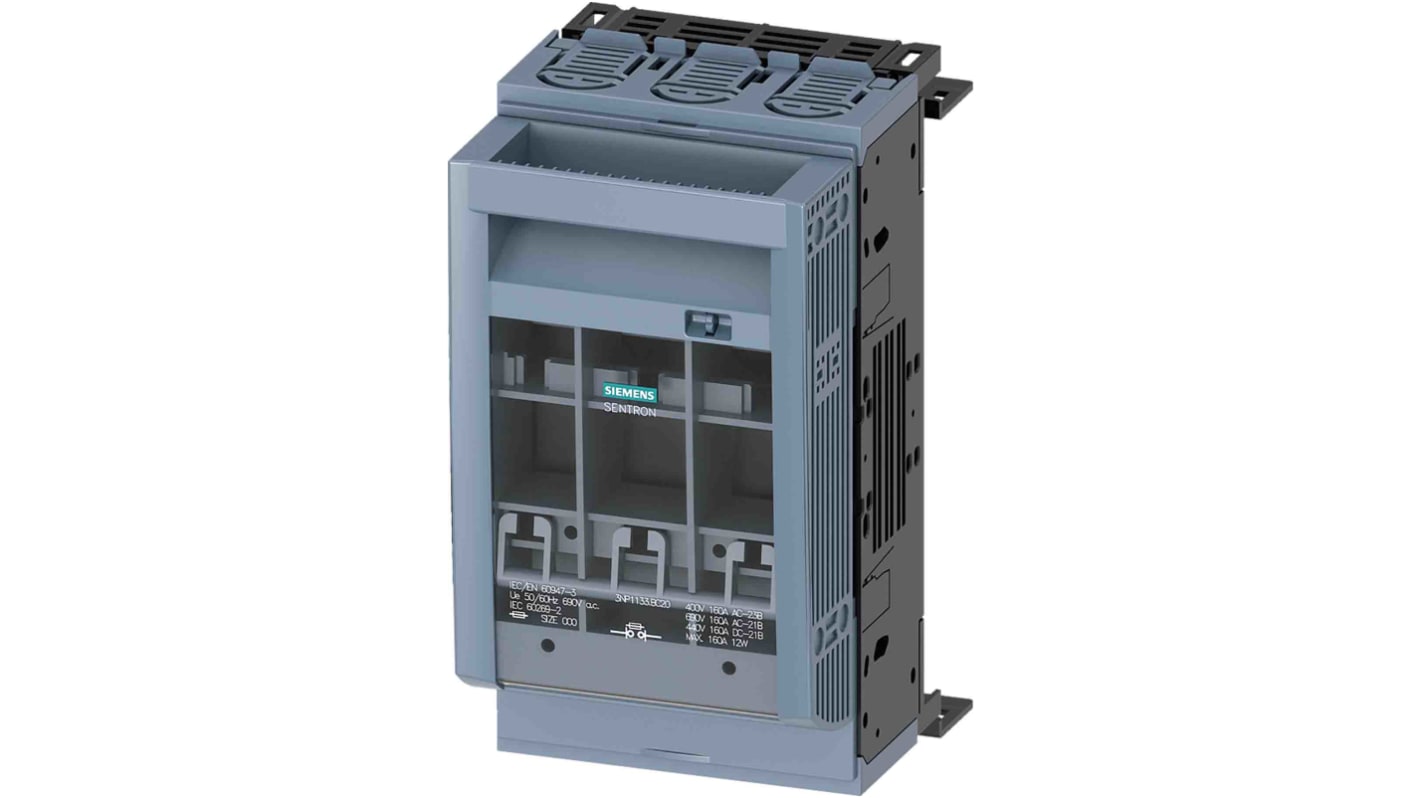 Sezionatore portafusibili Siemens 3NP1133-1BC20, 3 poli, 160A, montaggio su barra, per sicurezza in infrastrutture elettriche.