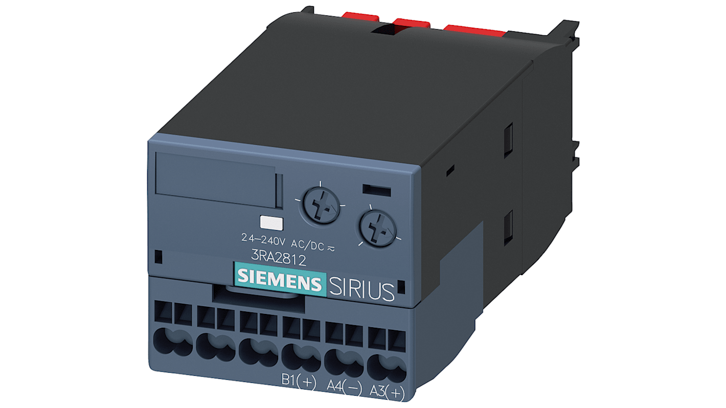 Interruttore ausiliario temporizzato Siemens 3RA2814-2FW10, tensione 24-240 V AC/DC, montaggio su guida DIN, contatti SPDT.