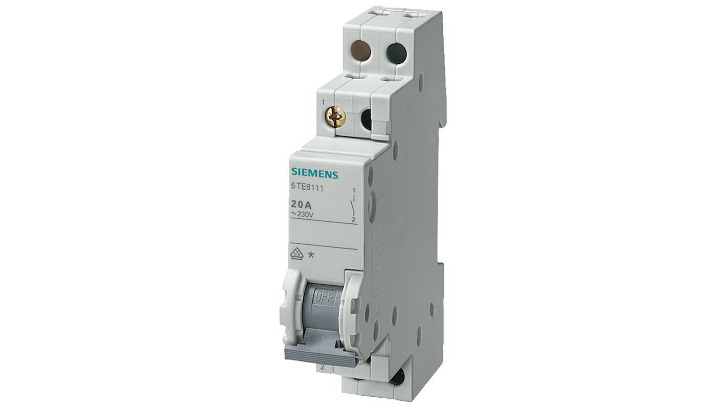 Interruttore di isolamento Siemens 5TE8214, 2 poli, 20A, montaggio su guida DIN, design integrato per impianti elettrici.