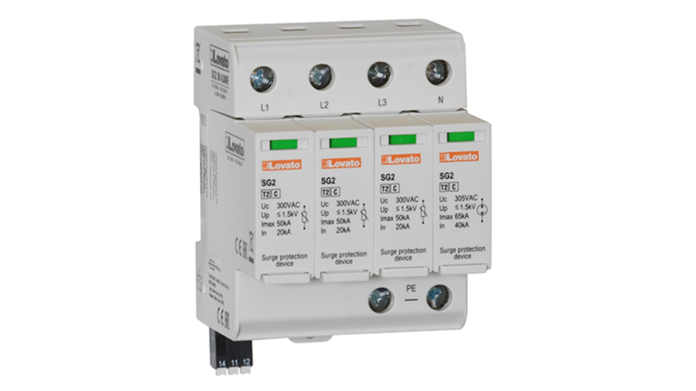 Lovato SG23NA300R, dispositivo di protezione da sovracorrente 3 fasi, montaggio su guida DIN, corrente di scarica 20kA per polo.