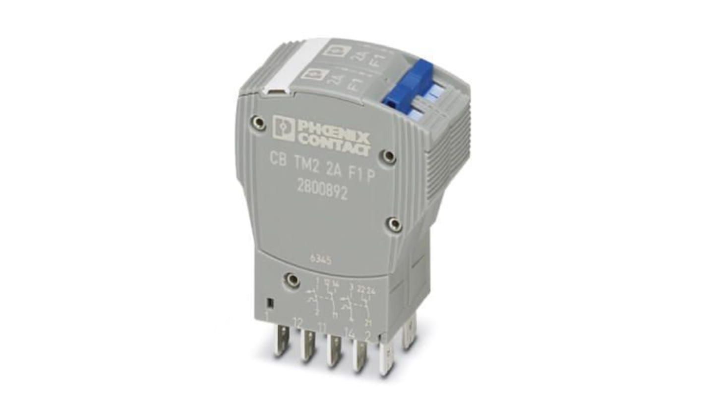 Interruttore termico 2 poli Phoenix Contact, 2A, 80V cc, montaggio su base, larghezza 24.6mm, grado di protezione IP30.