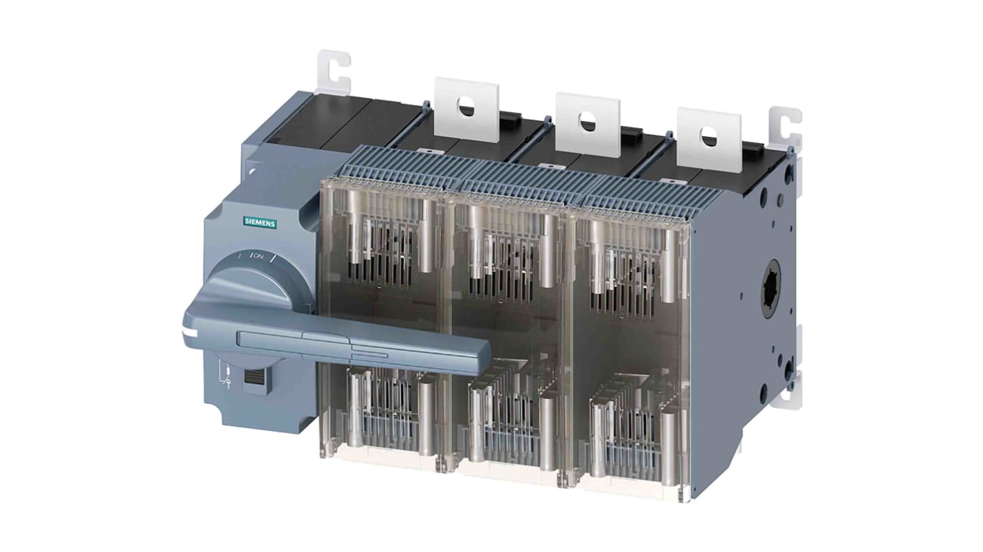 Sezionatore portafusibili Siemens 3KF5380-2LF11, 800 A, 3 poli, montaggio superficiale, fusibili NH2/NH3, resistenza 12 kV.